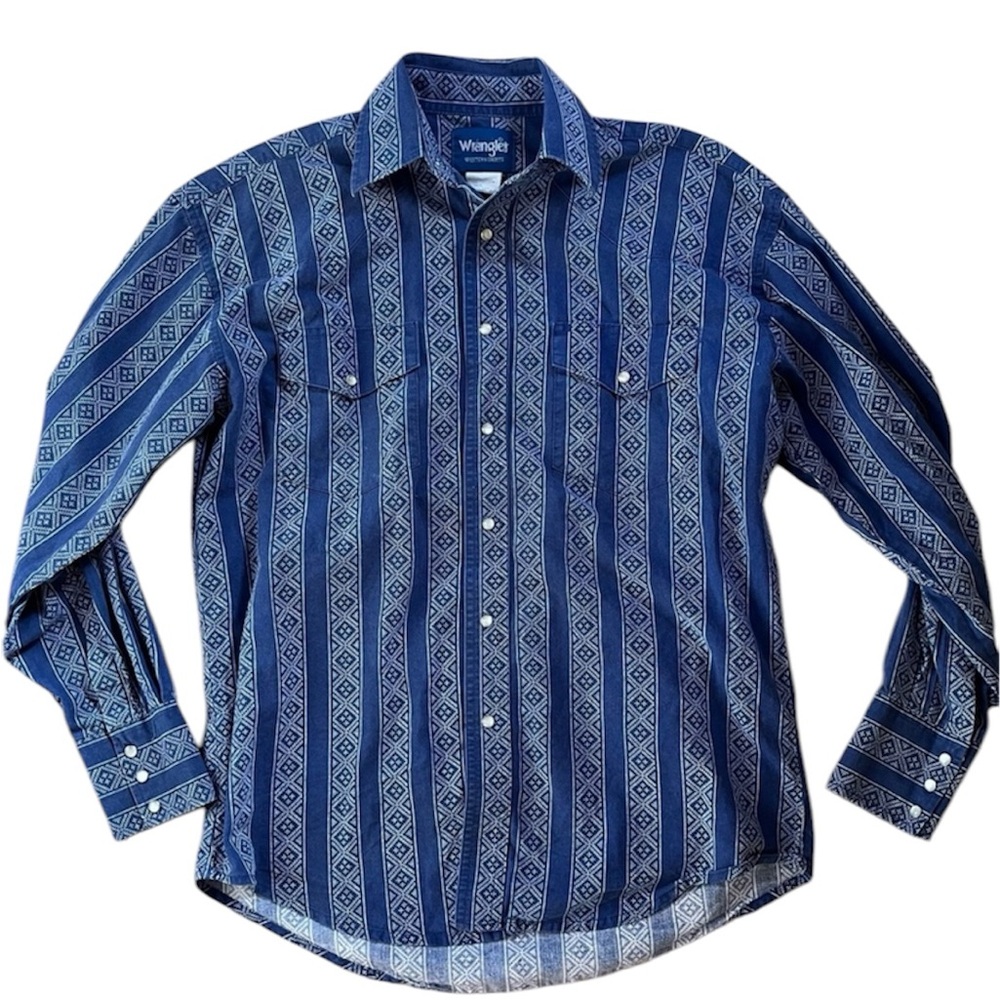 VINTAGE Wrangler Shirt Blue Striped Denim Brushpopper Western Cowboy Pearl Snap